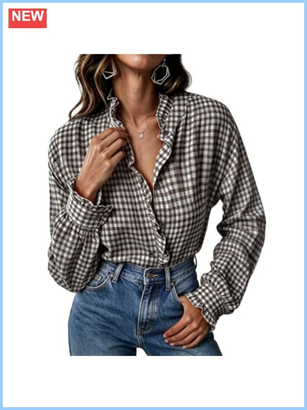 Women's Button Down Blouse Long Sleeve Ruffle Collar Smocked Cuff